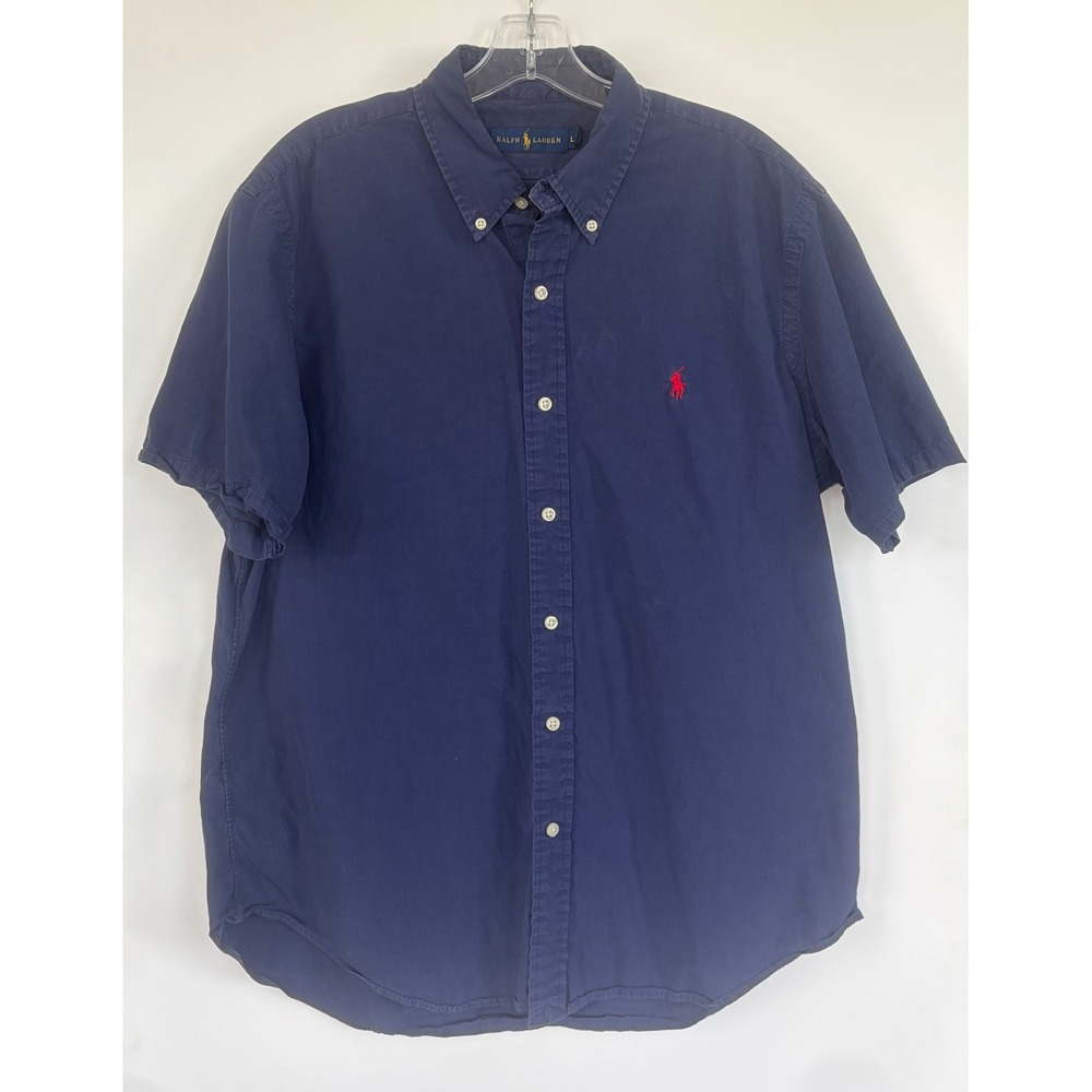 Ralph Lauren Mens‎ L Navy Blue Cotton Silk Short Sleeve Button Down Shirt